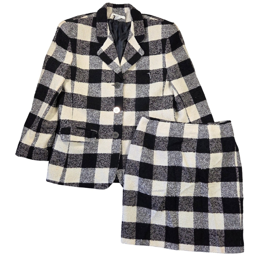 The Limited Vintage 90s Wool Blend Buffalo Plaid Skirt Suit Set Black Cream L